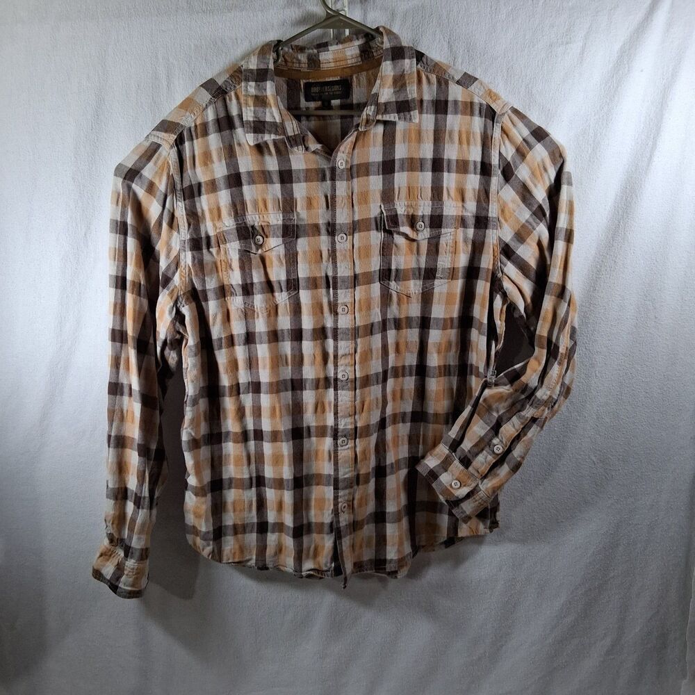 Brothers And Sons Gingham Plaid Long Sleeve Button-Down Flannel Brown Gold XL